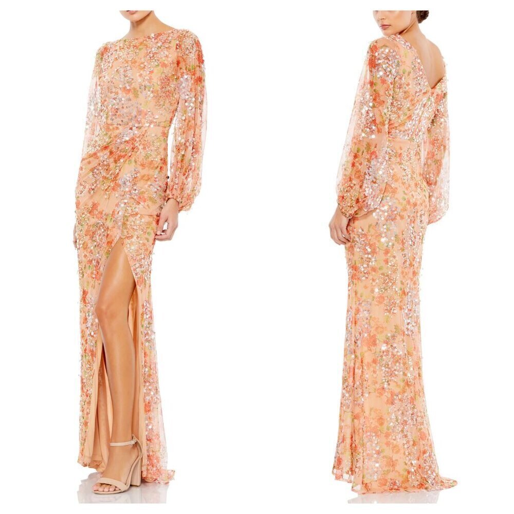 Mac Duggal NWT Sequined Gown Maxi Dress Embellished Floral Apricot Women 20 Slit